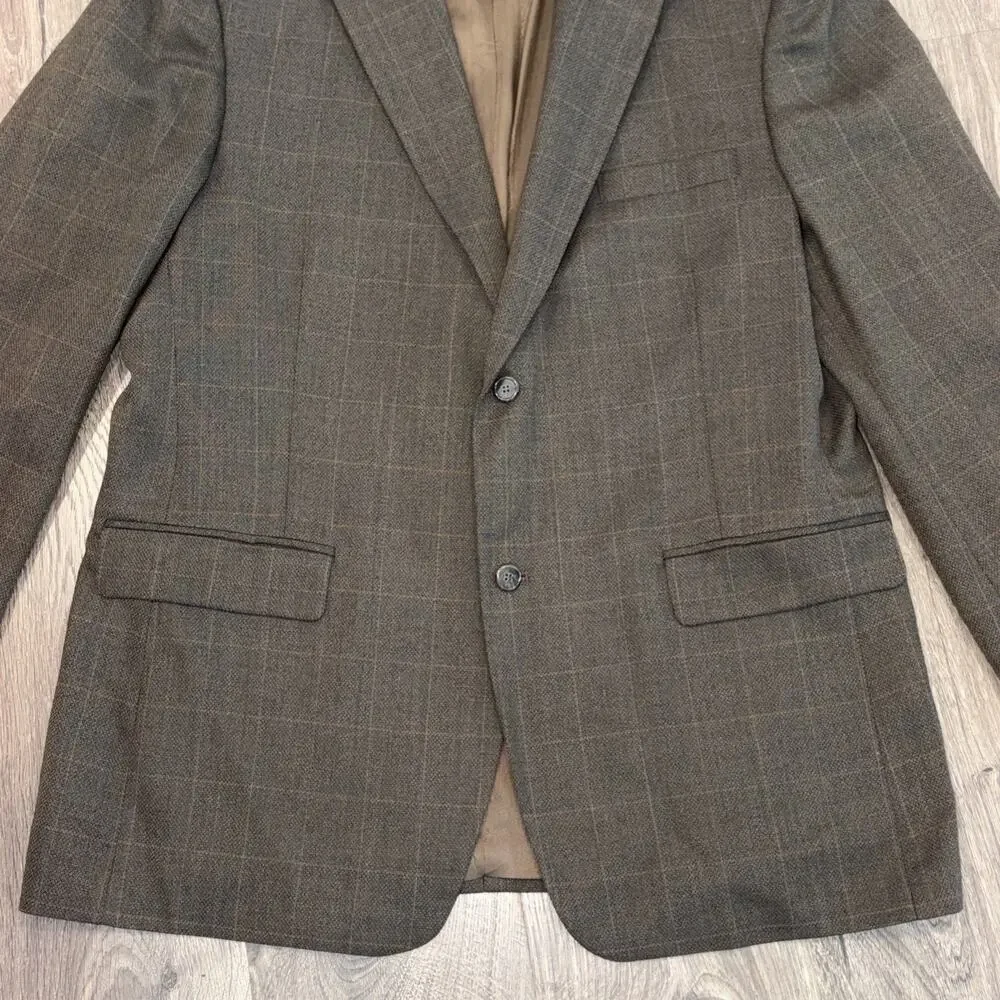 Haggar Mens Sport Coat Blazer 2 Button Brown Plaid Windowpane Jacket Size 46L